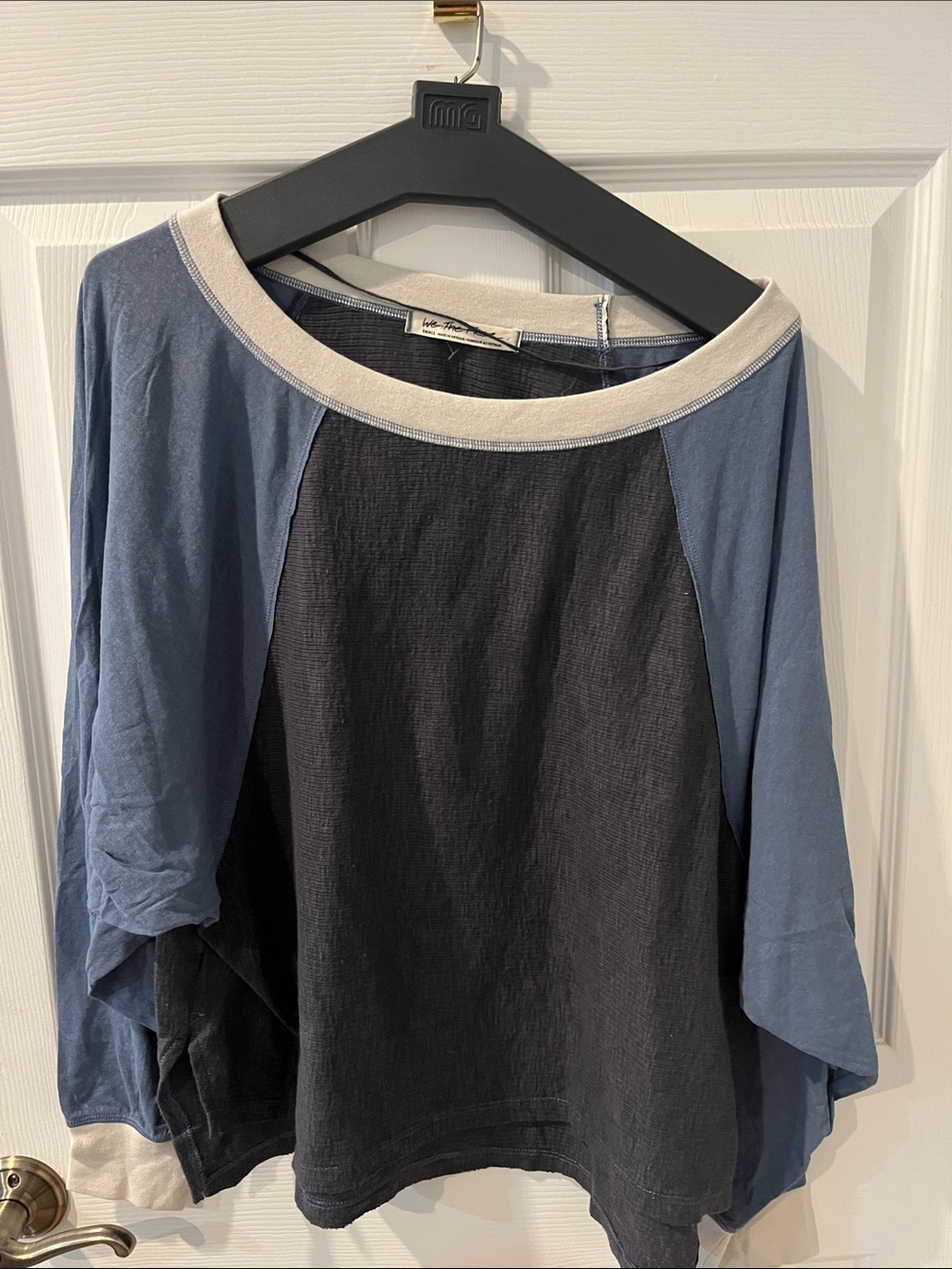 We The Free Charcoal Raglan Top with Cream Neck Trim